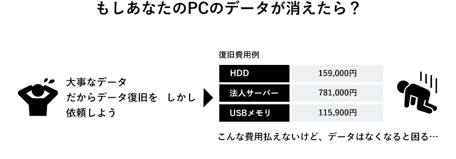 もしあなたのPCのデータが消えたら？大事なデータだからデータ復旧を依頼しよう！しかし・・・こんな費用払えないけど、データはなくなると困る